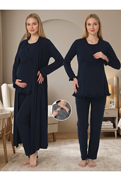 Lohusa Homewear Women's Navy Blue Elegant Long Sleeve Maternity Pajama Set wi...