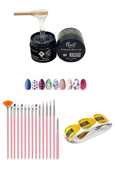 Nail Master Protez Tırnak Jeli 15ml 901 + 15li Fırça Seti + 50li Şablon