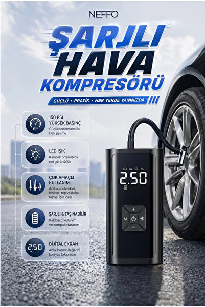 NEFFO 150 PSI Şarjlı Hava Kompresörü 4500mAh | LCD Ekranlı Taşınabilir Lastik...