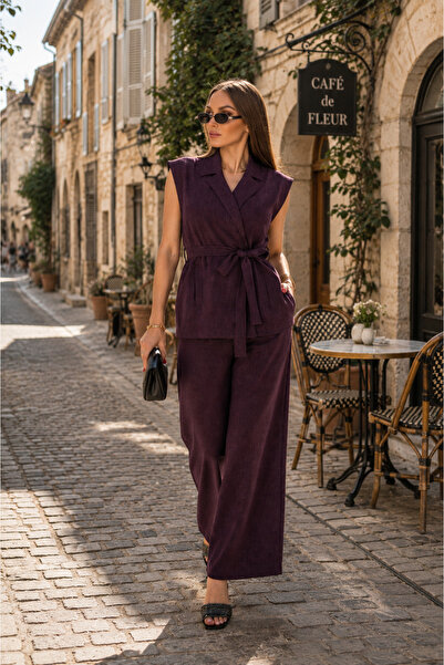 ŞİMAL Jachetă de damă cu guler set cu vestă și pantaloni din in, set 260014