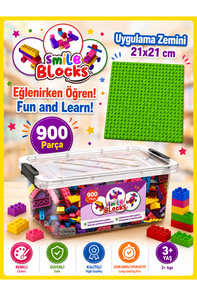 p parti oyunevi Smile Blocks 900 Parça Plastik Kutulu Mikro Blok Yeşil Uygula...