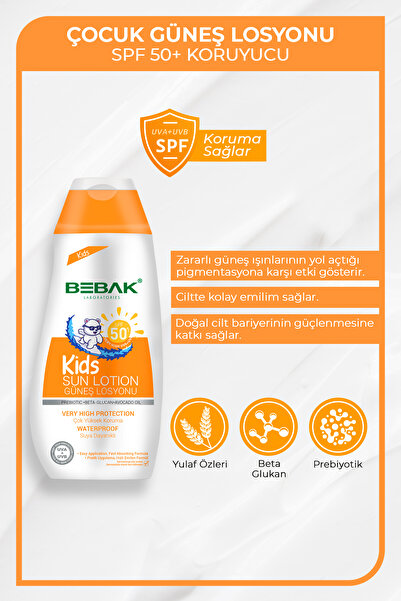 Bebak SPF 50+ UVA/UVB Işınlarına Karşı Yüksek Koruma Etkili Çocuk Güneş Losyonu 200 ml