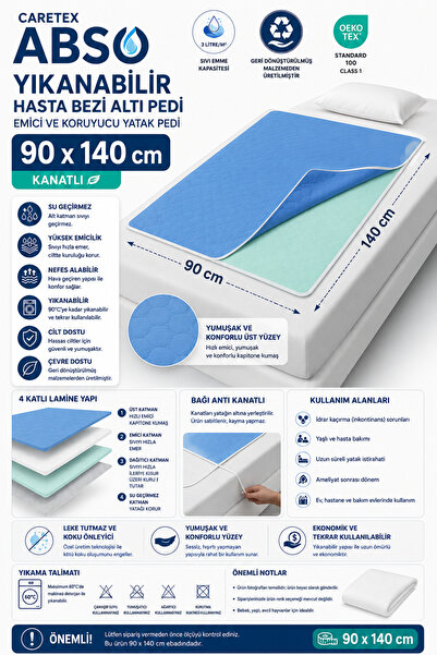 Abso Yıkanabilir Hasta Bezi Altı Pedi 90x140 cm Kanatlı Su Geçirmez Emici Kor...