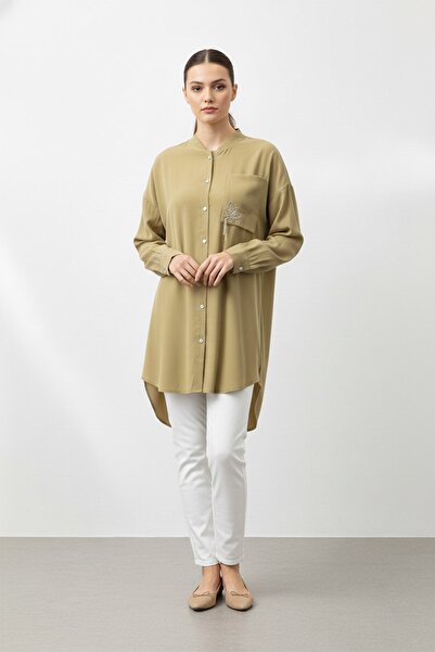 Puane Kadın Düğmeli Broş Detaylı Uzun Tunik -10763 - OLIVE