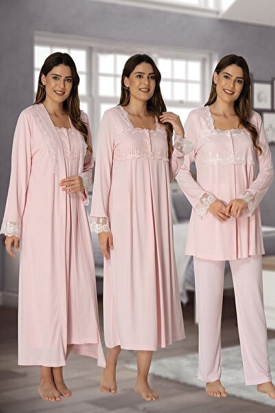 Generic Brand جهد المرأة الوردي الأمومة ثوب النوم بيجامة مجموعة روب للنوم تاج...