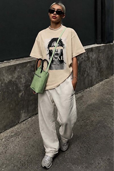 Madmext Μπεζ oversized με τύπωμα Γυναικείο μπλουζάκι MG1764