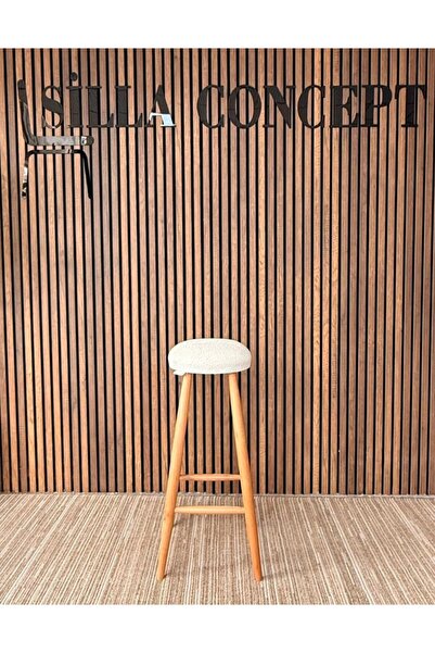 silla Concept Bar Tabure Teddy Krem Kumaş Naturel Ahşap Ada Taburesi