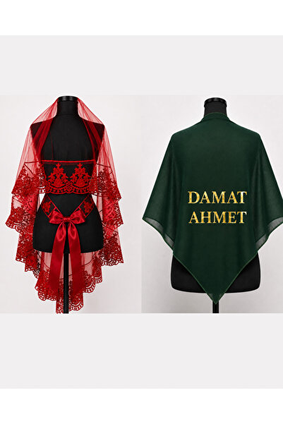 ELYNA Kırmızı Gelin Duvağı & İsimli Yeşil Şifon Damat Örtüsü 2li Set Baskılı ...