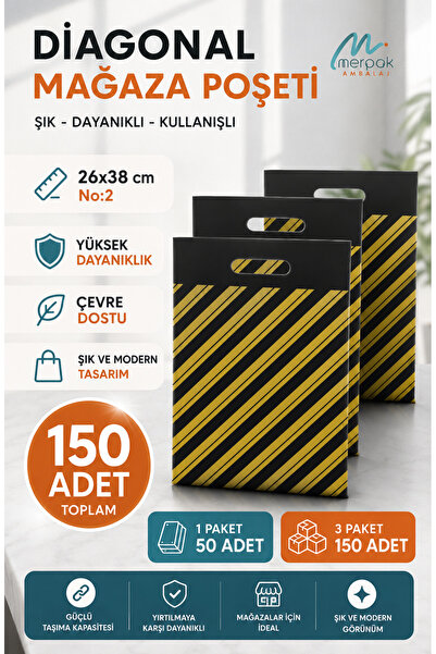 Merpak Ambalaj Çizgili Mağaza Poşeti (NO 2) 150 Adet 26x38 Cm Çizgili Takviye...