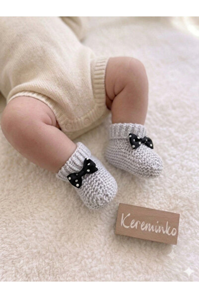 Kereminko Bebek Blue Knitwear Booties with Bow Detail, Suitable for 0-6 Months