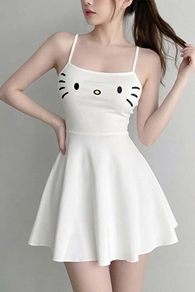 Köstebek Beyaz Hello Kitty Face Askılı Elbise
