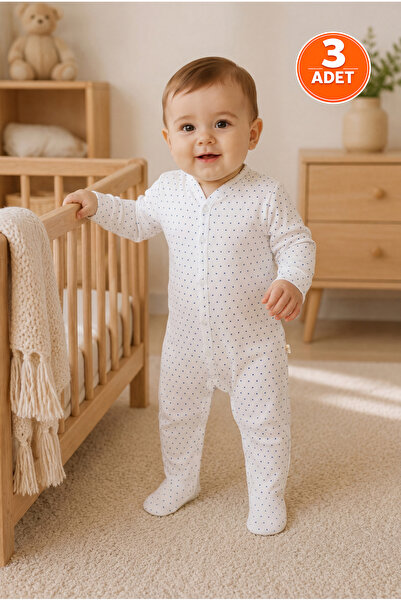 ZUMI BABY KIDS White Blue Polka Dot Unisex Cotton Long Sleeve Snap-Footed Bab...