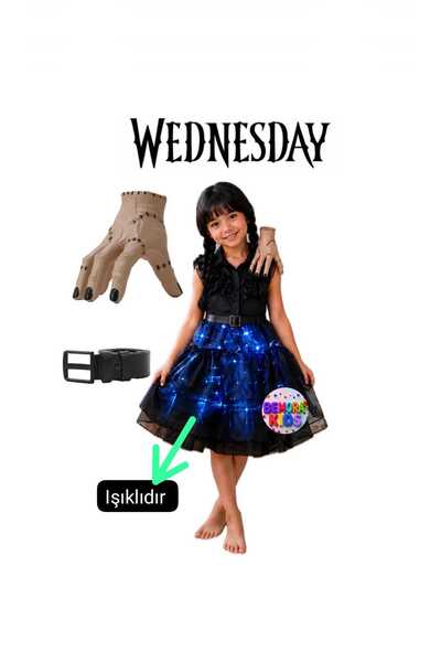3b kids wednesday ışıklı elbise kostüm wednesday el 2li set