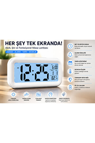 Pet Rock MASA SAATİ BEYAZ Öğrenci Ders Çalışma alarmlı Dijital Masa Saati Fot...