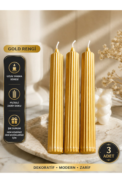 Lúmea Candle Kabartmalı Şamdan Mum Seti – 3’lü Ribbed Uzun (ŞAMDANSIZ)