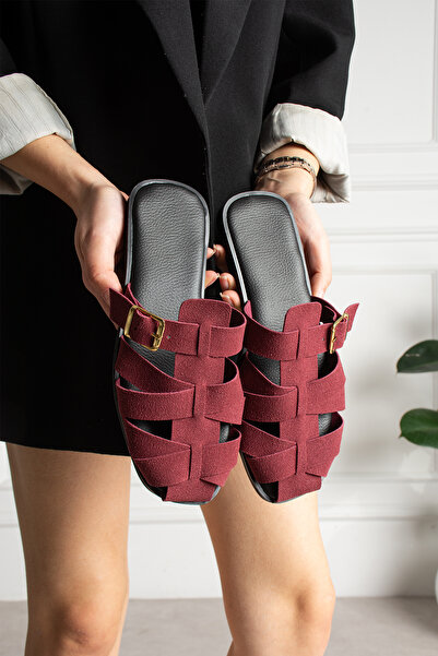 diya shoes Papuci de damă Pimela BORDO din piele întoarsă cu accesorii aurii ...