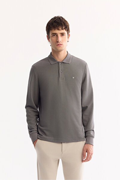 Avva Erkek Koyu Gri Polo Yaka Pamuklu Basic Slim Fit Sweatshirt B001080