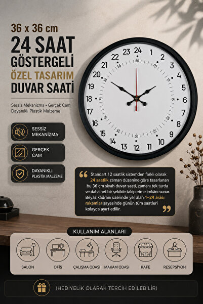 Other 36 Cm Siyah 24 Saat Göstergeli Duvar Saati