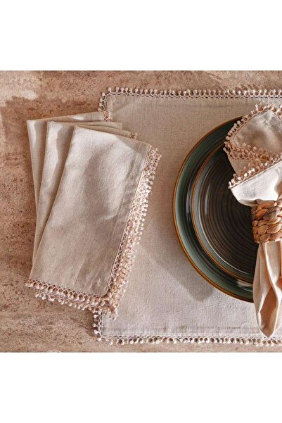 PAN HOME طقم مناديل زيفانا 4 قطع مع دانتيل بايال 45x45 سم - طبيعي