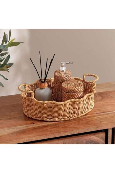 PAN HOME صينية دييا من البلاستيك والراتان 37x26.5x11.5 سم - بني