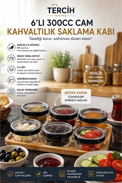 Tercih Home 6lı Cam Kahvaltılık Çok Amaçlı Saklama Kabı Cam Kahvaltı Seti