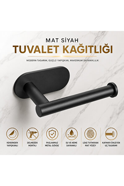 yusa stores Mat Siyah Yapışkanlı Tuvalet Kağıtlığı - Delme Gerektirmeyen Pasl...
