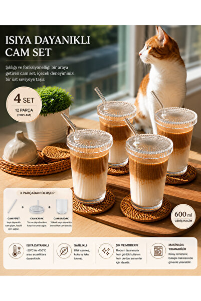 KÜÇÜK EW 4 Adet 400 ml Cam Kapaklı Pipetli Origami Stil Cam Bardak Kahve Ve S...