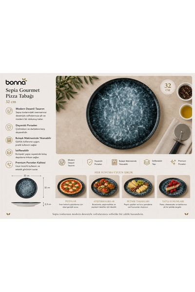 Bonnami Bonna Sepia Gourmet Porselen Pizza Tabağı 32 cm - Modern Desenli Prem...