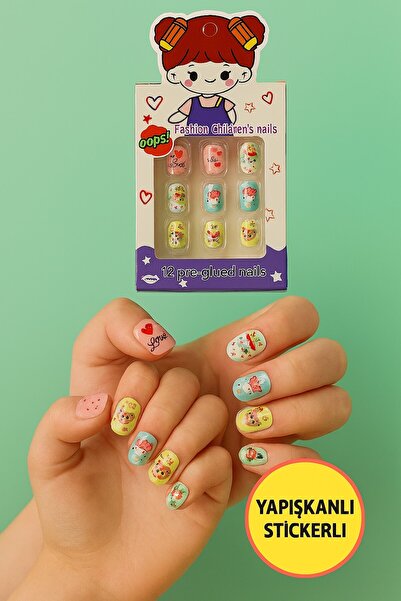 TOYFEST 12 li Yapışkan Stickerlı Renkli Baskılı Çocuk Takma Tırnak Oyuncak Se...