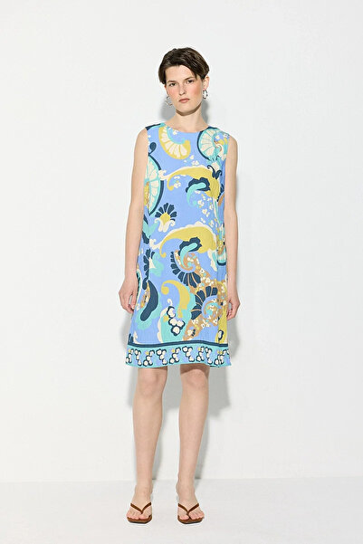 Gusto Patterned Viscose Dress with Lace-Up Back - Blue