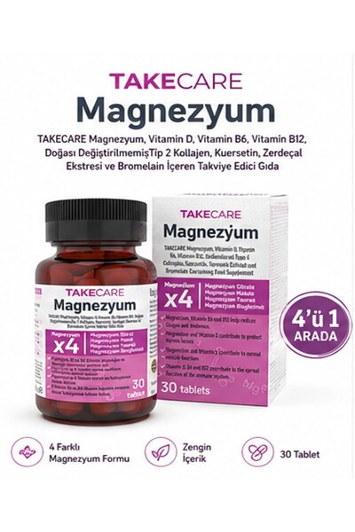 TakeCare Magnezyumx4, Vitamin D, Vitamin B6, Vitamin B12, Tip 2 Kollajen, Kue...