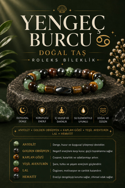 OSMANLI DOĞAL TAŞ Yengeç Burcu Doğal Taş 8mm Hematit Bileklik