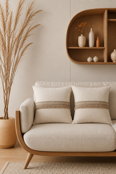 Vannes Home Jüt Püsküllü Doğal Dokulu Bohem 2'li Dekoratif Kırlent Kılıfı 43x...