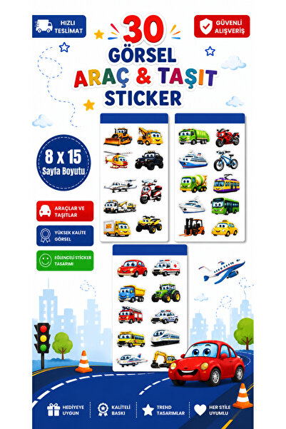 dijihane Araçlar ve Taşıtlar Sticker Seti -Araba, Uçak, Tren, Gemi ve İş Maki...