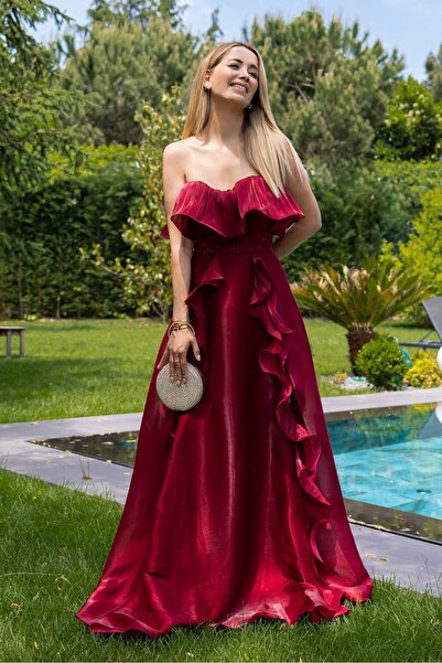 zoezoe Nep Straplez Volanlı Yırtmaçlı Şifon Abiye Elbise
