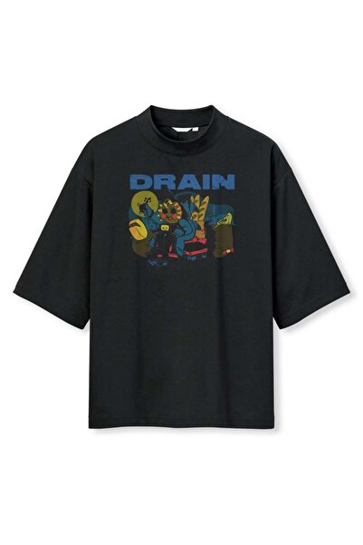 buzagi tasarım ürünleri Drain Digital Print Oversize Black Unisex T-Shirt
