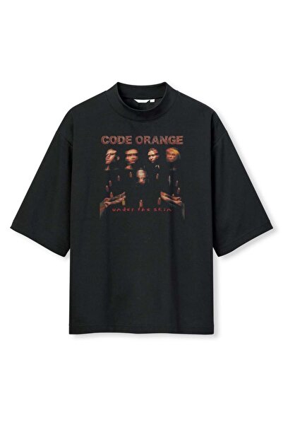 buzagi tasarım ürünleri Code Orange Digital Print Oversize Black Unisex T-Shirt