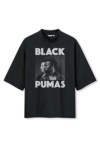 buzagi tasarım ürünleri Black Pumas Digital Print Oversize Black Unisex T-Shirt