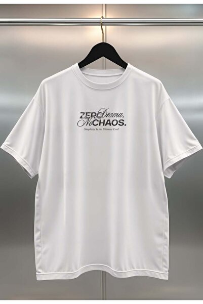 buzagi تي شيرت أبيض كبير الحجم للجنسين بطباعة رقمية من Chaos