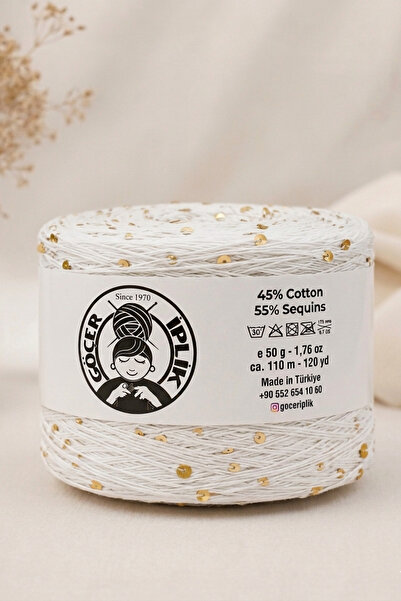 göçer Çanta İpi / Örgü İpi %100 Pamuk 3mm-6mm Beyaz Gold İri Pullu Örgü İpi 1...