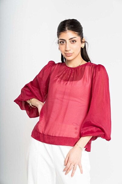 mica Women's Long Sleeve Sheer Blouse with Round Neck