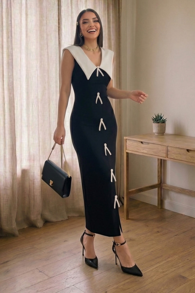 ALFUDO Moda Collection Midi black and white sleeveless Double-Breasted neckli...