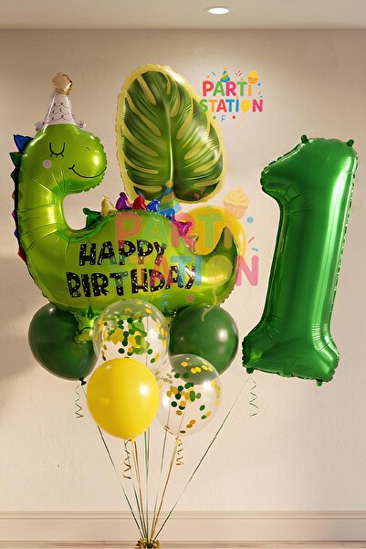 Parti Station Yeşil Dinozor Konsept 1 Yaş Balon Set Dinozor Tema Doğum Günü F...