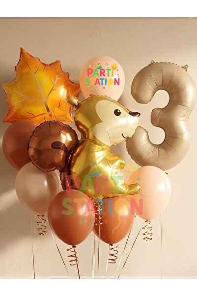 Parti Station Sincap Sonbahar Woodland Orman Hayvanları 3 Yaş Balon Set Woodl...