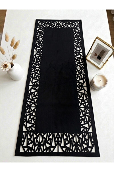 Ergüven Home Black Geometric Triangle Pattern Suede Fabric Runner 40X100 cm C...