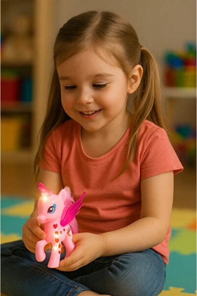 TOYFEST Işıklı Rainbow Unicorn Ponny Figür - 8 CM Pembe Boynuzlu Model