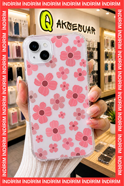 Q Aksesuar iPhone 13 / 14 / 15 Uyumlu Şeffaf Kılıf Pembe Çiçekler Desenli Dar...