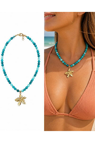 Arsaley Collection Flower Pendant Blue Summer Natural Stone Bead Women's Neck...