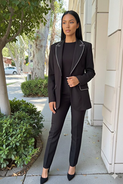 MACMODA Yakası Taş Detaylı Blazer Ceket-Siyah