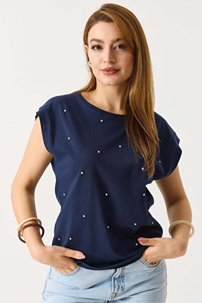 Raneel Kazançlı Alışveriş Women's Stylish Tshirt with Stone Detail in Black